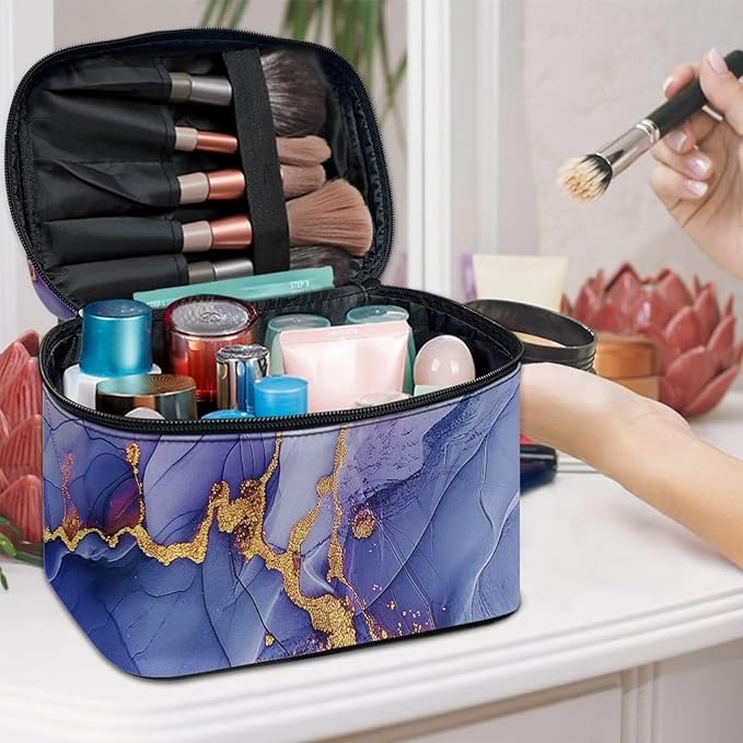 JoyLamoria Purple Marble Print Portable Cosmetic Bag Travel Makeup Bag Large Capacity Zipper Pouch