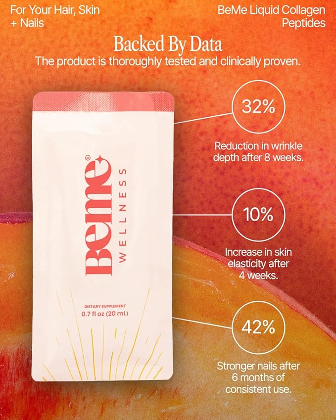 BeMe Liquid Collagen for Women - 2500mg Verisol Collagen Liquid with Biotin, CoQ10 & Vitamin C - Clinically Proven Collagen Peptides for Hair, Skin & Nails - 30 Peach Sachets