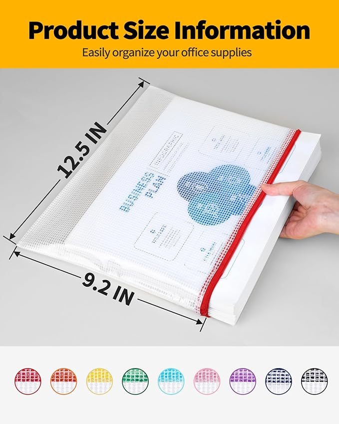 SUNEE Plastic Mesh Zipper Pouch 9.2x12.5 in (6 Colors, 18 Packs),Extra Large Water-Resistant Zip Bag for School Office Supplies, Puzzles & Games Organizing Storage