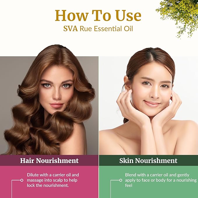 SVA Rue Essential Oil – 1/3 Fl Oz – 100% Natural Rue Oil - for Diffuser, Hair Care, Face, Skin Care, Aromatherapy, Scalp and Body Massage, Soap and Candle Making