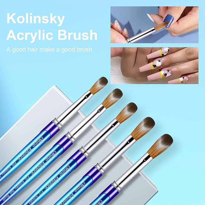 Acrylic Nail Brush Size 16, 100% Pure Kolinsky 3D Art Nail Brush with Gradient Blue Handle, Art Design Powder Nail Brush Pen for Nails Extension & Carving, Acrylic Application Tools