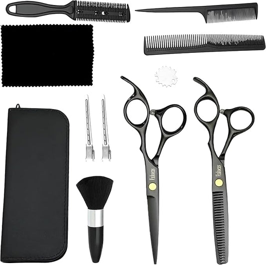 Hair Cutting Scissors Kit,11 Pcs Professional Haircut Scissors Kit with Cutting Scissors,Thinning Scissors, Comb, Cape, Clips,for Barber Shop, Salon, Home