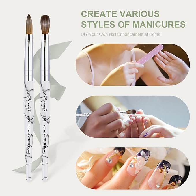 Acrylic Nail Brush Size 8,KEMEISI 100% Pure Kolinsky Nail Art Brushes Sturdy Marble Handle Oval Shaped Acrylic Powder Nail Design Tools for Professional Manicure DIY Home Salon (White)