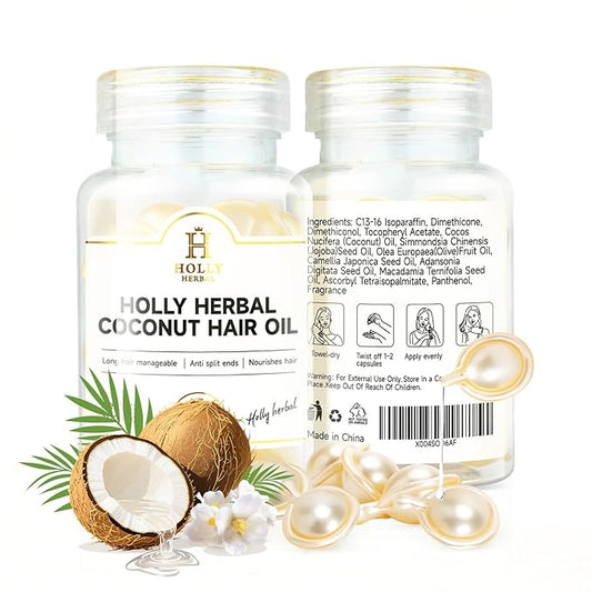 HOLLY HERBAL Coconut Hair Serum Capsules - 6 Nourishing Oils | Jojoba, Olive, Macadamia - Lightweight, Split Ends Repair & Frizz Control, Moisturizing No-Rinse Hair Treatment (30 Count)