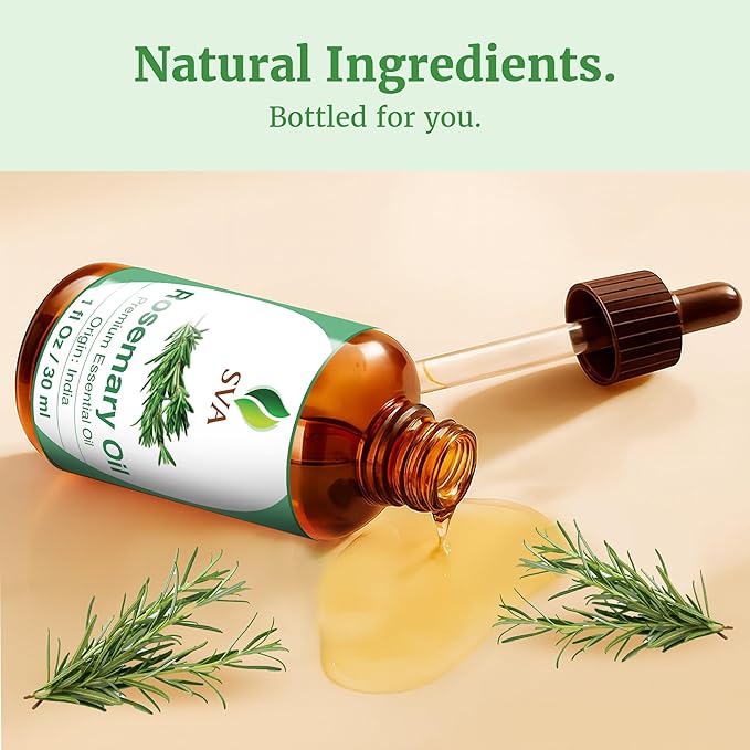 SVA Rosemary Essential Oil – 1 Fl Oz – 100% Natural Rosemary Oil for Hair, Face, Skin Care, Diffuser, Aromatherapy, Scalp, Body Massage, Soap and Candle Making – with Dropper