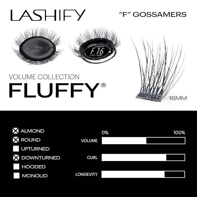 Lashify Fluffy 16mm Gossamer DIY Eyelash Extensions Refill, the First Ever Dual-Fibered Lash that Features Both Thin and Thick Fibers, Black, Easy False Lashes
