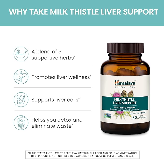 Himalaya Milk Thistle Liver Support - with Chicory, Andrographis, Dandelion, and Silymarin for Liver Cleanse, Detox and Function - Vegan, Non-GMO, Gluten Free, 350 mg, 60 Capsules