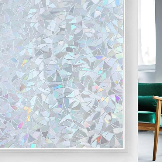 rabbitgoo Window Privacy Film Rainbow Film Decorative Window Sticker, 3D Static Stained Glass Cling Tint for Home Heat Control Non-Adhesive, Grayish Silver, 11.8 x 78.7 inches