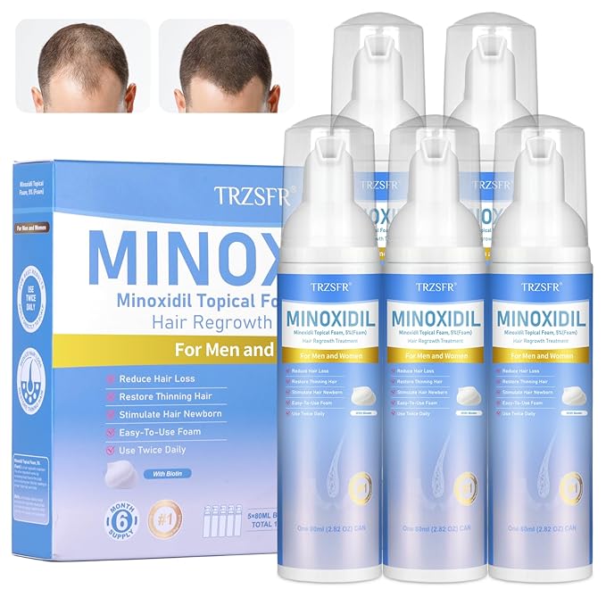 5% Minoxidil Foam for Men & Women, Hair Regrowth Treatment for Thinning Hair & Beard Growth, Extra Strength Topical Foam, Clinically Proven Hair Loss Treatment, 6 Month Supply (14OZ Total)