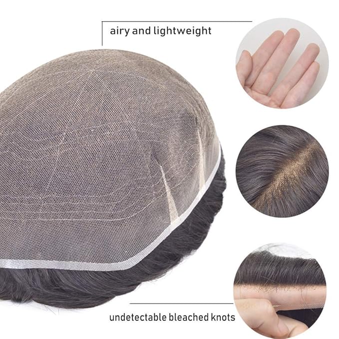 Lordhair Toupee for Men European human hair Full French Lace Hairpieces，Base Size 7x9 inch Hair Replacement System for Men Natural Hairline Human Hair Wig Medium Bark Brown #4