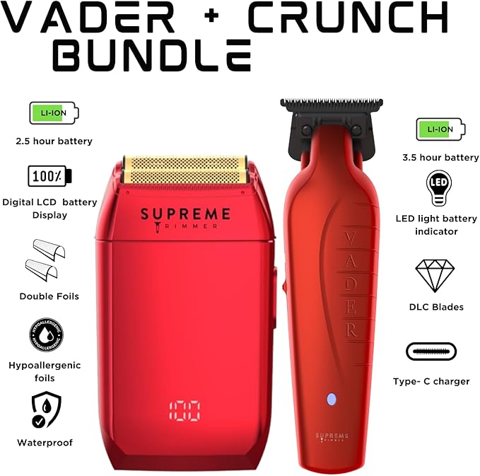 Supreme Trimmer Vader Trimmer & Crunch Foil Shaver Barber Haircutting Kit | Professional DLC T-Blade Beard Trimmer ST3778 & STF602 Waterproof IPX6 Shaver Set | Red