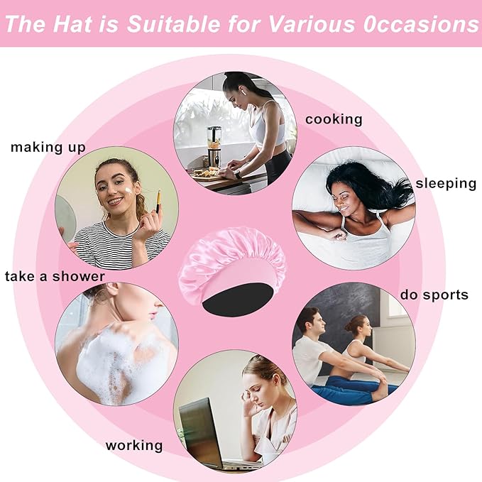 4Pcs Silk Satin Hair Bonnets for Sleeping - Elastic Wide Band Satin Hair Wrap for Sleeping Black Women Men,Silk Bonnets for Curly Hair(Black & Pink & Blue & Purple)