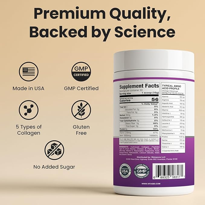 VITASEI Hydrolyzed Collagen Peptides Powder with Vitamin C & Resveratrol - Hair, Skin and Nails Vitamins for Women & Men - Bone and Joint Supplement - Coconut Flavored - 16 oz