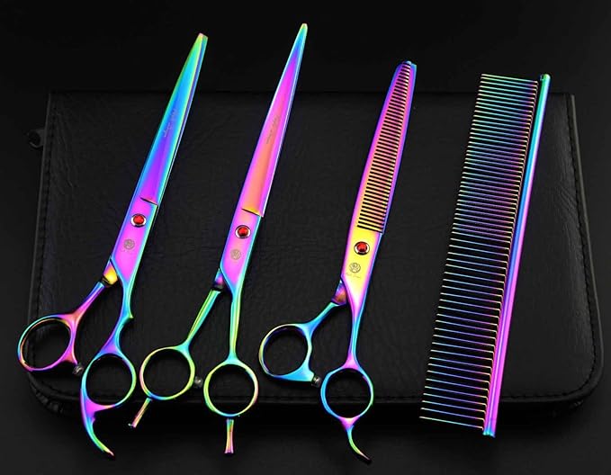 Purple Dragon 8 inch 3 in 1 Professional Pet Grooming Thinning Scissors - Upward Curved Shears and Dog Hair Cutting Scissor - Perfect for Pet Groomer or Family DIY Use (Rainbow)
