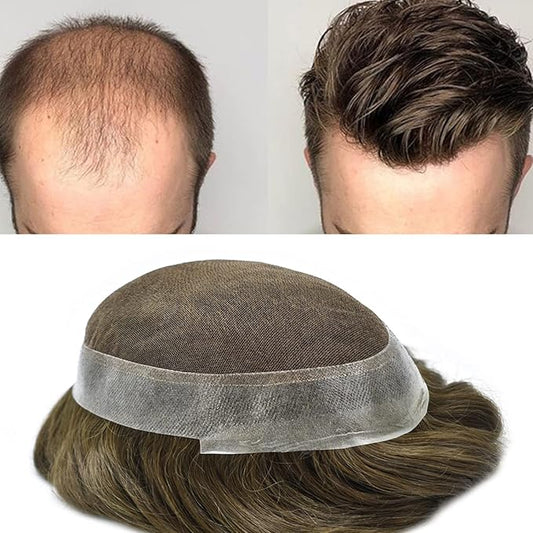 FACE MIRACLE Mens Toupee Lace Front Hairpieces Soft Human Hair Replacement System Natural Hairline Toupee for Men French Lace Poly V-Looped Mens hair Units 8"X10" 5#MEDIUM LIGHT BROWN