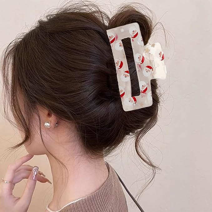 Christmas Hair Clips, Xmas Santa Claus Claw Clips, Rectangular Large Hair Claw Clips for Thick/Thin Hair, Transparent Father Christmas Design Medium Hairpin, Cute Hair Accessories