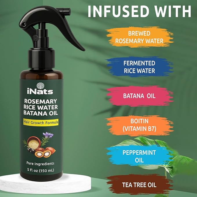 Rosemary Water Spray for Hair Growth w/Rice Water, Biotin, Batana & Peppermint Oil – Non-Sticky Organic Hair Growth Spray to Control Hair fall & Strengthen Strands - For Men & Women – 5 fl oz