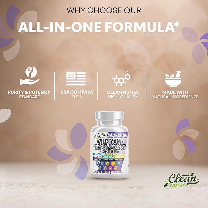 Clean Nutra Wild Yam Root Capsules with Red Clover Black Cohosh Evening Primrose Oil Chasteberry Dong Quai DIM Ashwagandha Grape Seed Extract Milk Thistle Lemon Balm and more Hormone Balance For Women