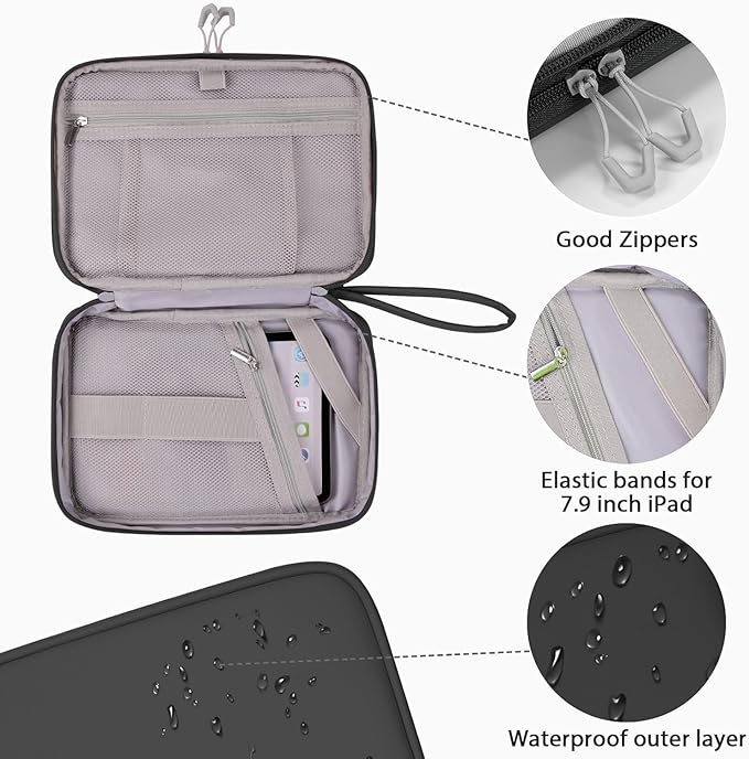 DDgro Travel Electronic Accessory Organizer for Keeping Cables Cords Chargers Phone Earphones SD Cards, Double Layers Storage Pouch Bag (Black, PU-Large)