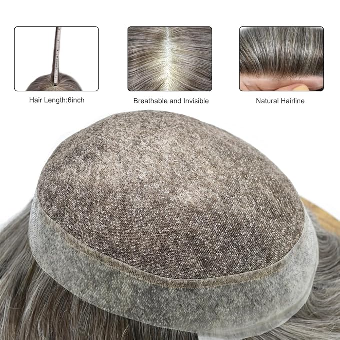 Mens Toupee Human Hair Piece French Lace Toupee for Man Hair System Indian Human Hair Replacement Systems V-Looped PU Front Hairpieces 6"X9" #260 Darkest Brown with 60% Gray