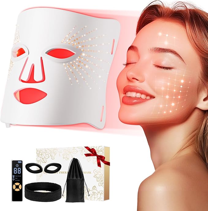 Red Light Therapy for Face-LED Face Mask Light Therapy with 3 Gears,2500mAh Battery,Remote Control,Infrared Red Light Therapy Mask for Home Working Travel Yoga Sleep