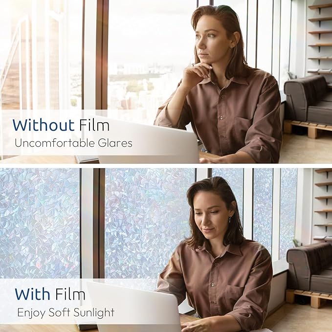 rabbitgoo Window Privacy Film Rainbow Film Decorative Window Sticker, 3D Static Stained Glass Cling Tint for Home Heat Control Non-Adhesive, Grayish Silver, 11.8 x 78.7 inches