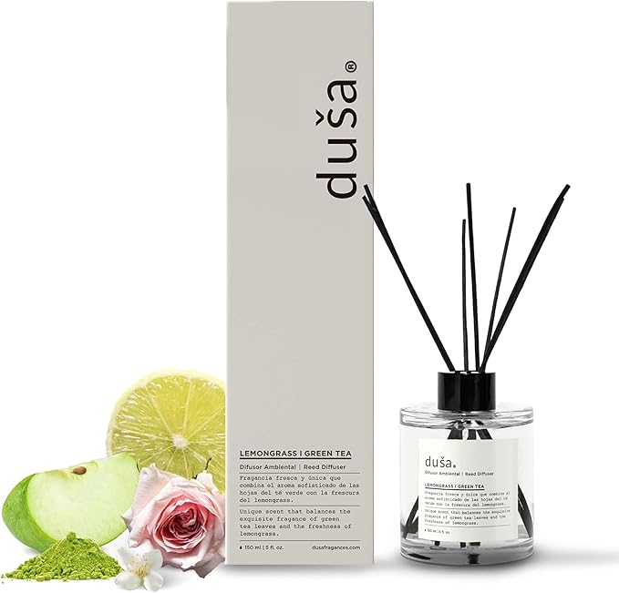 Duša Lemongrass Reed Diffuser & Sticks - 5 Fl Oz Essential Home Fragrance for Bathroom, Office & Living Spaces – Stylish & Long-Lasting Room Air Freshener - Ideal for Housewarming & Special Occasions