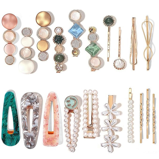 Mehayi 20 PCS Pearls and Acrylic Resin Hair Clips, Handmade Hair Barrettes, Marble Alligator bobby pins, Glitter Crystal Geometric Hairpin, Elegant Gold Hair Accessories, Gifts for Women Girls