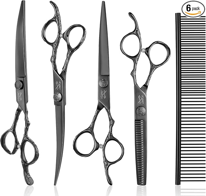 JASON Professional Dog Grooming Scissors Set - 6 in 1 Dog Shears Kit with 6.5" Thinning, 7" Straight, 7" Up-Curved, 7" Down-Curved Shears and Comb for Cat and Pet, Adjustable Screw (Black)