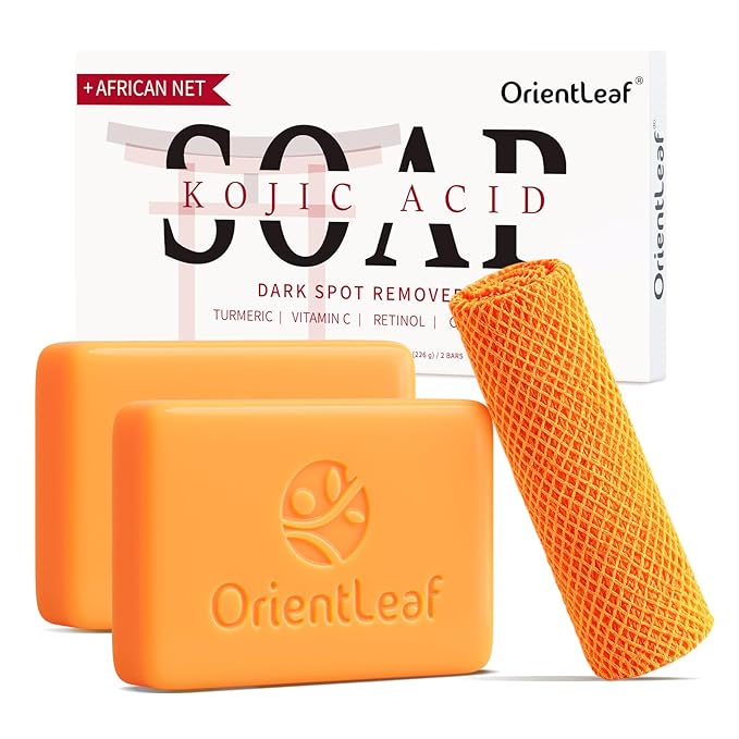 Kojic Acid Soap with African Sponge Net, 4oz Turmeric Soap Bar, Fresh Citrus Scent, Gentle for Face and Body Wash with Vitamin C, Retinol (2 Pack)
