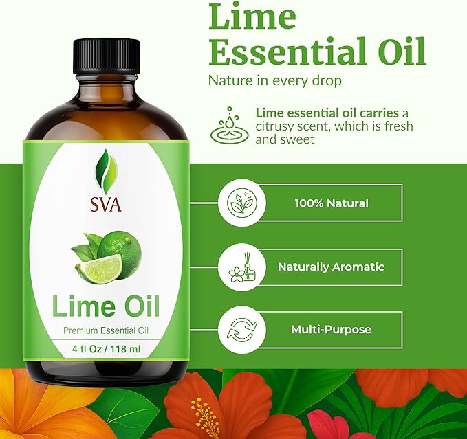 SVA Lime Essential Oil – 4 Fl Oz – 100% Natural Lime Oil - for Diffuser, Hair Care, Face, Skin Care, Aromatherapy, Scalp and Body Massage, Soap and Candle Making - with Dropper