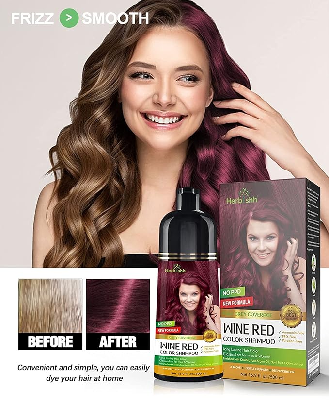 Herbishh Hair Color Shampoo - Magic Dye for Gray Hair, Long Lasting Color in Minutes, 3-In-1, Ammonia-Free, 500 Ml (Wine Red)