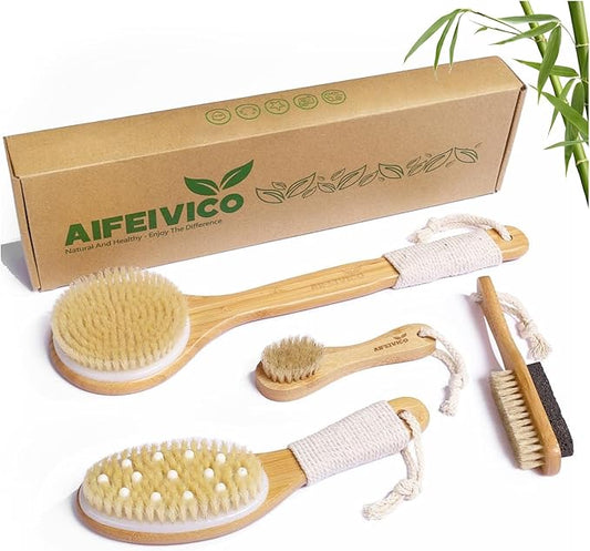 Dry Brushing Body Brush, Natural Boar Bristle Dry Brush, Bamboo Exfoliating Body, Face, Foot, Long Handle Back Scrubber Brush, Meridian Pressure for Lymphatic, Cellulite