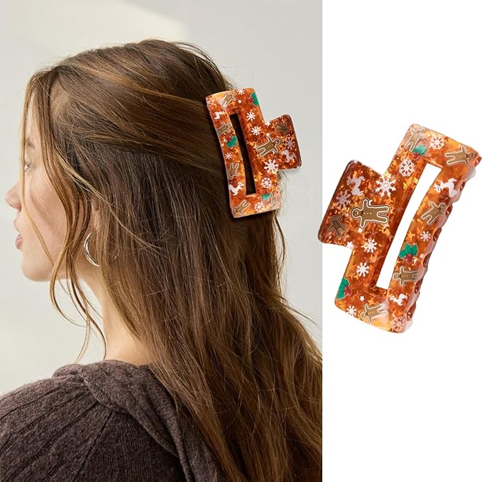 Christmas Hair Clips, Square Hair Claw Clips for Thick/Thin Hair, Orange-Red Glitter Gingerbread Man Snowflake Design Medium Claw Clips, Strong Hold & Non-Slip Hair Styling Accessories for Xmas 1PCS