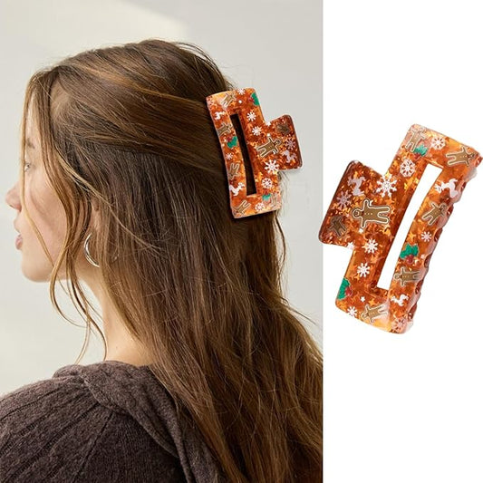 Christmas Hair Clips, Square Hair Claw Clips for Thick/Thin Hair, Orange-Red Glitter Gingerbread Man Snowflake Design Medium Claw Clips, Strong Hold & Non-Slip Hair Styling Accessories for Xmas 1PCS
