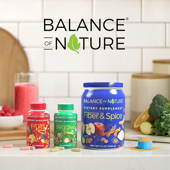 Balance of Nature Fruits and Veggies Supplements - Whole Fruit and Vegetable Ingredients for Women, Men, and Kids - 90 Fruit Capsules, 90 Veggie Capsules - 1 Set