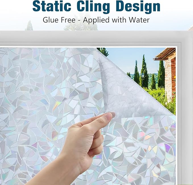 rabbitgoo Window Privacy Film Rainbow Film Decorative Window Sticker, 3D Static Stained Glass Cling Tint for Home Heat Control Non-Adhesive, Grayish Silver, 11.8 x 157.4 inches