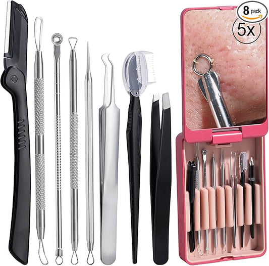 JPNK Blackhead Remover Tool Comedones Extractor Acne Removal kit & Eyebrow Trimmer Kit, 8PCS in One with 5X Magnifying Mirror