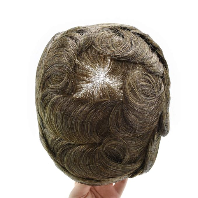 Mens Toupee Human Hair Piece French Lace Toupee for Man Hair System Indian Human Hair Replacement Systems V-Looped PU Front Hairpieces 7"X9" 6# LIGHT BROWN