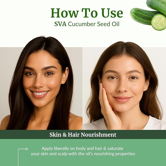 SVA Cucumber Seed Oil - 4 Fl Oz – 100% Natural Cold Pressed Cucumber Oil - for Face, Skin Care, Hair Care, Scalp Massage & Body Massage – Carrier Oil with Dropper