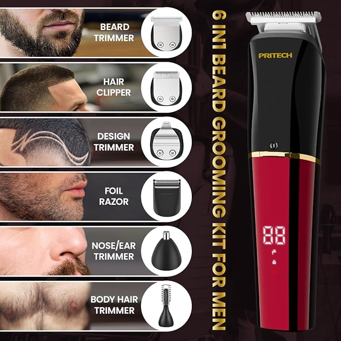 PRITECH Beard Trimmer for Men,6 in 1 Hair Clippers Kit, Precision Cordless Grooming Kit Waterproof IPX6 for Beard, Hair, Body, Nose, Ear, with Foil Razor (Red)