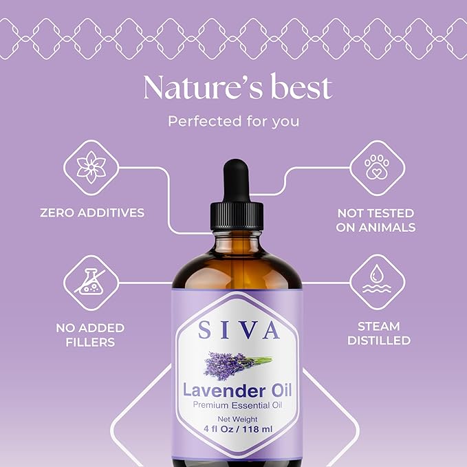 Siva Lavender Essential Oil - 4 Fl Oz – 100% Natural Lavender Oil - for Diffuser, Face, Skin Care, Aromatherapy, Hair Care, Scalp and Body Massage - with Dropper