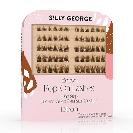 Silly George Pop-On Lashes - DIY 1-Step Pre-Glued Faux Eyelash Clusters, Natural Look Extensions, Brown - Bloom, 5-7 Pair Set, Pack of 60 Clusters