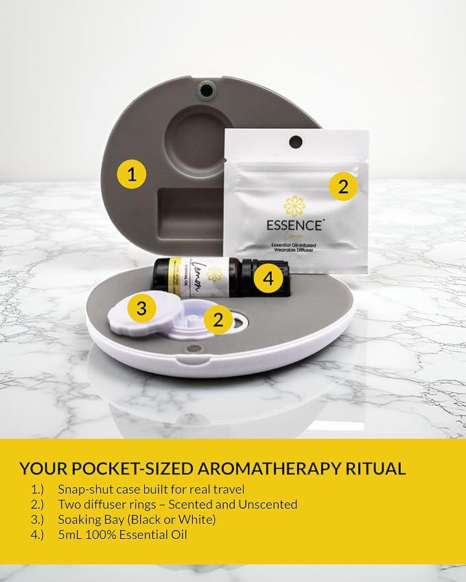 Essence Pearl Travel Case - Wearable Aromatherapy Kit with Nasal Diffuser Rings, Soaking Bay, and 5mL Essential Oil – Portable Wellness Gift Set for On?The?Go Self Care