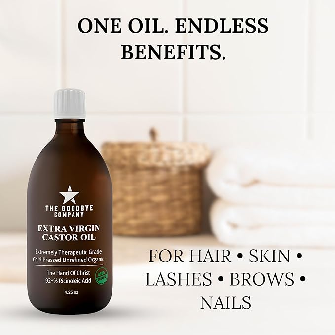 The Goodbye Company Organic Castor Oil for Hair, Skin & Eyelashes – 100% Pure, Cold-Pressed, Hexane-Free, Unrefined – Nourishing Beauty & Wellness Oil in Dark Glass Bottle – 4.25oz