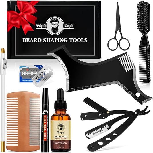 Beard Shaper for Men Beard Shaping Tools - Beard Straightener, Beard Template Guide, Professional Straight Edge Razor, Edge Blade, Barber Pencil, Beard Comb, Scissor, Gifts for Men Boyfriend Husband