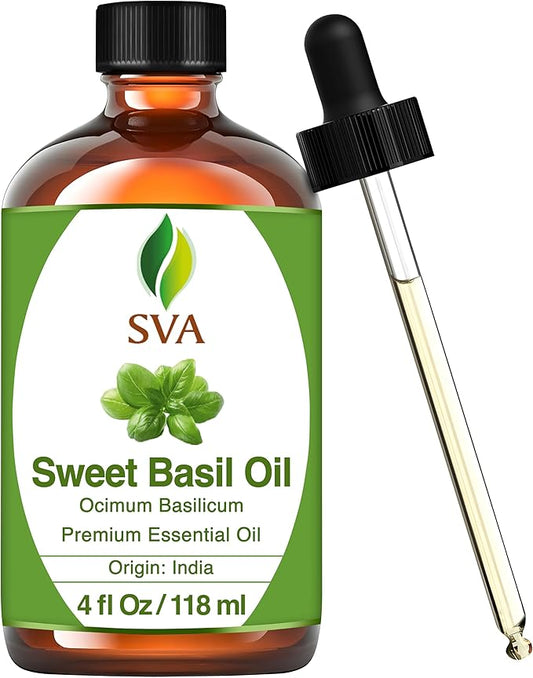 SVA Sweet Basil Essential Oil – 4 Fl Oz – 100% Natural Basil Oil - for Diffuser, Hair Care, Face, Skin Care, Aromatherapy, Scalp and Body Massage, Soap and Candle Making – with Dropper