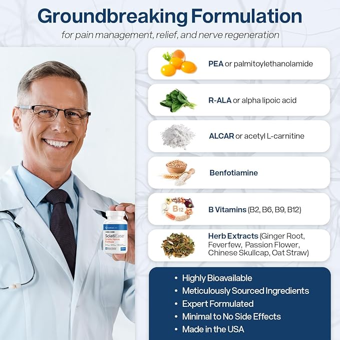 SciatiEase Sciatic Nerve Health Support Supplement - Nerve Support Formula with AlphaPalm, Pea, Vitamin B Complex, Alpha Lipoic Acid 300mg - 3 Bottles