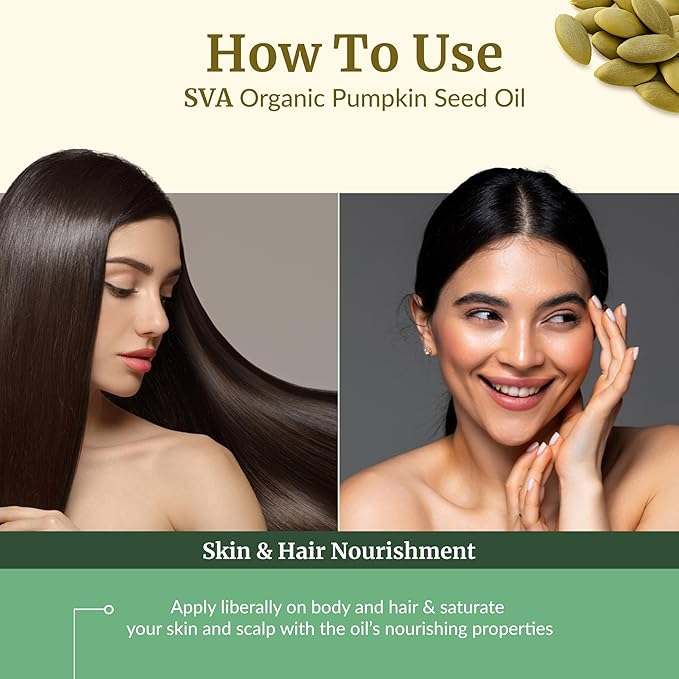 SVA Pumpkin Seed Oil Organic - 2 Fl Oz – 100% Natural Cold Pressed Pumpkin Seed Oil - for Face, Skin Care, Hair Care, Scalp Massage & Body Massage - with Dropper