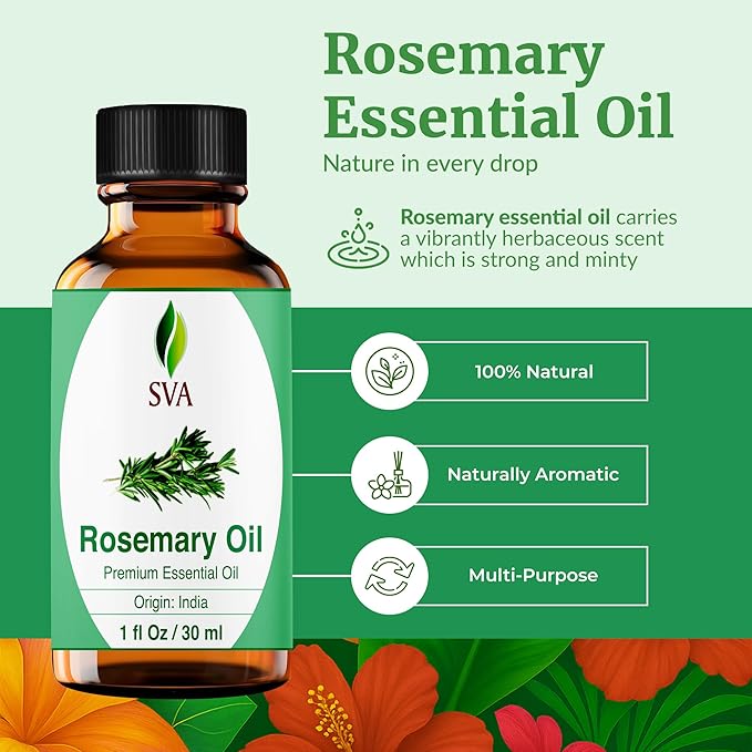 SVA Rosemary Essential Oil – 1 Fl Oz – 100% Natural Rosemary Oil for Hair, Face, Skin Care, Diffuser, Aromatherapy, Scalp, Body Massage, Soap and Candle Making – with Dropper